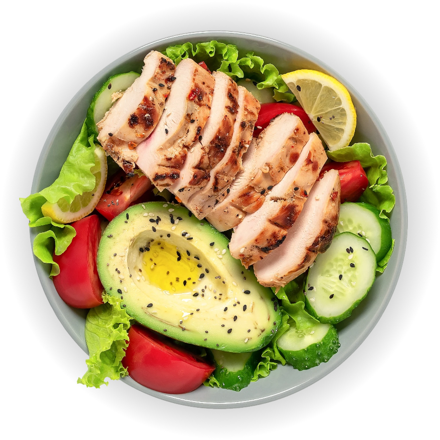 Healthy salad bowl with chicken and avocado